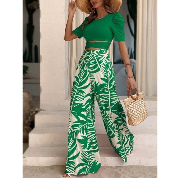 . Pants - Green Boho Coord set Tie Back Tee & Tropical Print Wide Leg Pants